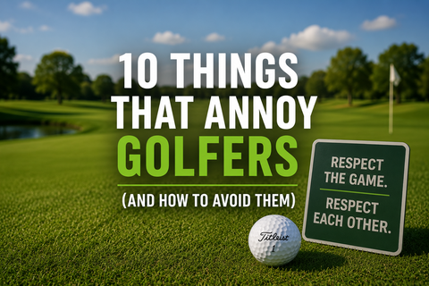 Golf blog hero image featuring a golf course with the title “10 Things That Annoy Golfers (And How to Avoid Them)”, alongside a Titleist golf ball and a sign reading “Respect the Game. Respect Each Other.”