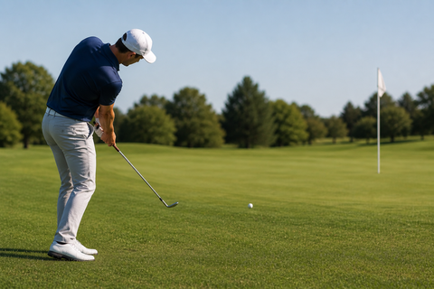 A golfer blading a low shot across the green
