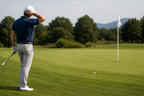 A golfer reacting to a chunked chip shot