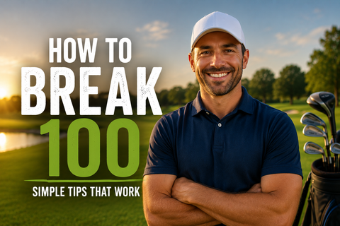 A golfer smiling with arms folded.  Beside text that says how to break 100, Simple tips that work.  