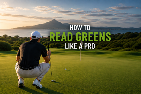 A golfer reading a putt from behind the ball on a coastal course