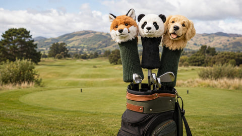 Fox, panda and golden retriever novelty golf headcovers on a golf bag at a New Zealand golf course
