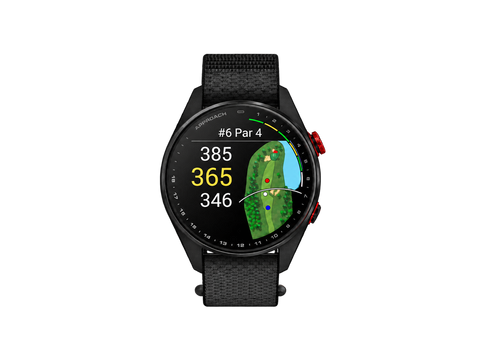 Garmin Approach S72 47 mm in Black / Approach Red, centred with the full ComfortFit fabric strap visible
