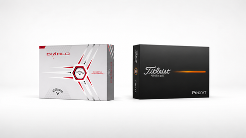Callaway Diablo and Titleist Pro V1 golf ball boxes side by side