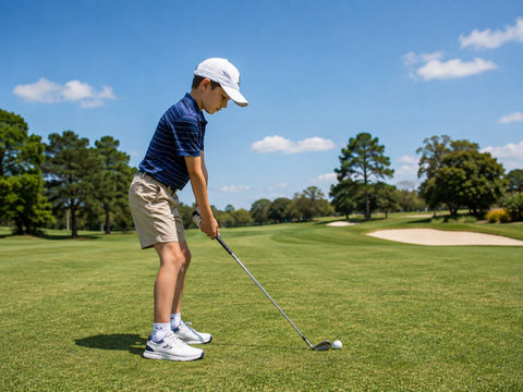 Junior golfer addressing a golf ball with a correctly sized iron on the golf course