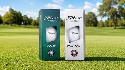 Titleist Pro V1x and AVX golf ball sleeves standing on a sunny golf course green during a side by side comparison