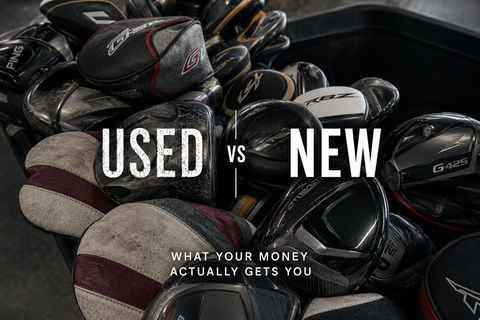 Used and new golf clubs side by side, comparing worn older clubs with modern golf equipment for Golf 360’s used vs new golf clubs guide.