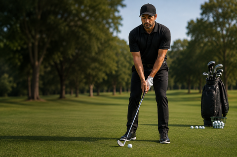 Golfer practising a short chip shot with his eyes closed on a golf course, using the drill to improve rhythm, feel and freedom.