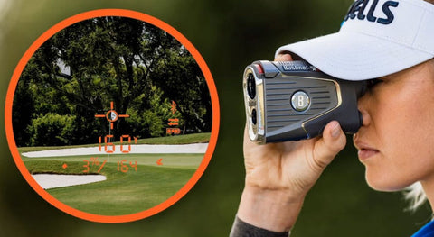 A golfer looking through a Bushnell laser rangefinder, with an inset showing the viewfinder crosshairs and yardage to the flag.