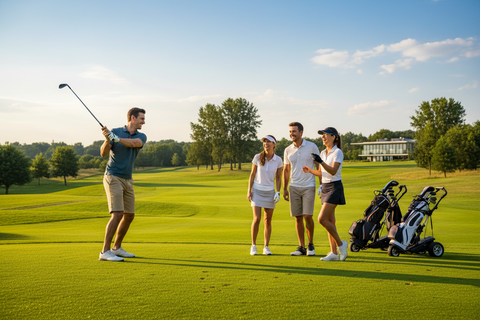 4 Golfers on the tee chatting and enjoying themselves