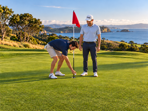 Golfer lifting a ball from a small cup with the flagstick centred inside, while a friend in a white PING cap watches.