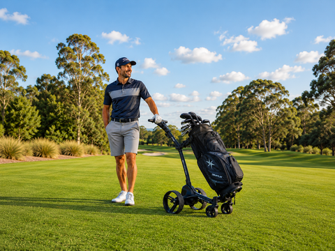 Golfer beside an MGI electric golf trundler and golf bag on a sunny course, with the full trundler and wheels visible.