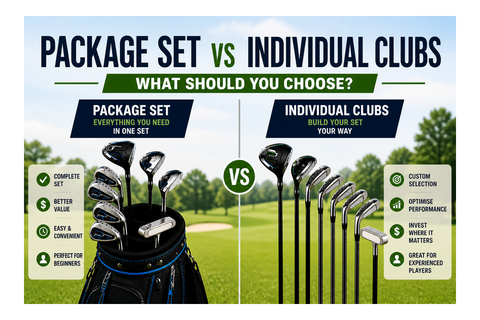 Golf package set displayed beside individual golf clubs