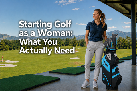 Woman starting golf at a clear driving range beside a blue PGF Futura women's package golf set.
