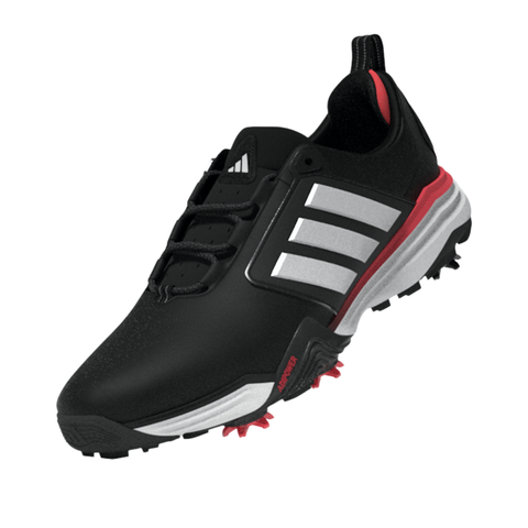 Adidas men's spiked golf shoe in black with white three-stripe design, featuring waterproof protection, lightweight comfort, and excellent on-course traction.