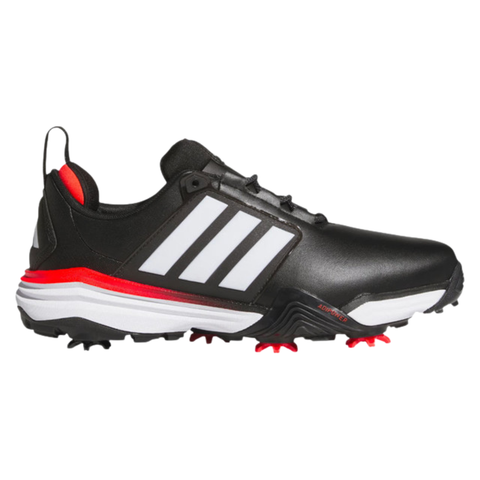 Adidas Tour360 golf shoe in black, white, and red featuring waterproof protection, spiked outsole, and stability-focused design for maximum traction on the golf course.