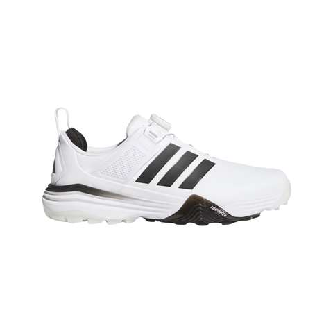 Adidas men's golf shoe in white and black featuring a waterproof upper, spiked outsole, and lightweight design for comfort, stability, and traction on the golf course.