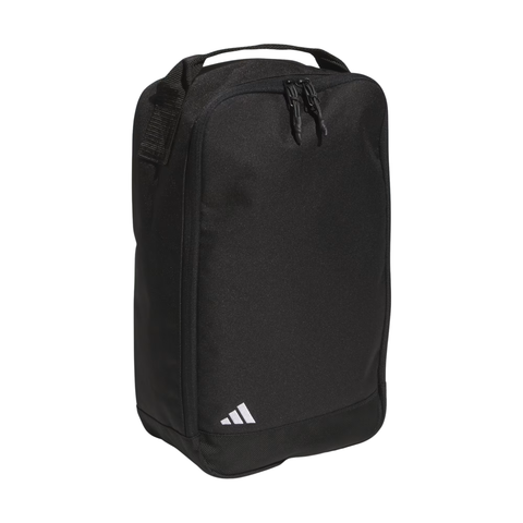A black adidas shoe bag with a small white adidas logo 