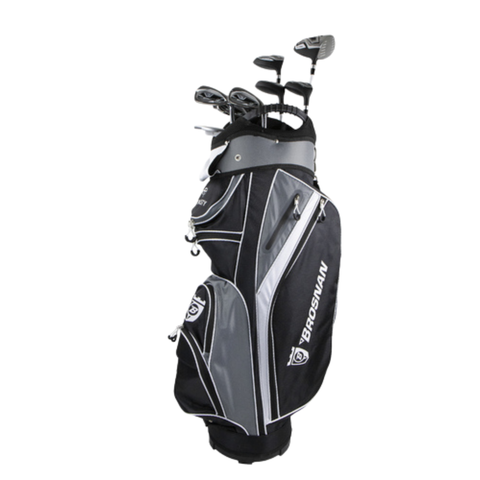 A brosnan golf package set in a black, grey and white golf bag