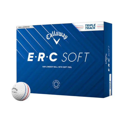 A blue box of Callaway ERC Soft golf balls with white and blue diagonal lines and text. One golf ball with red and blue lines is positioned in front of the box.