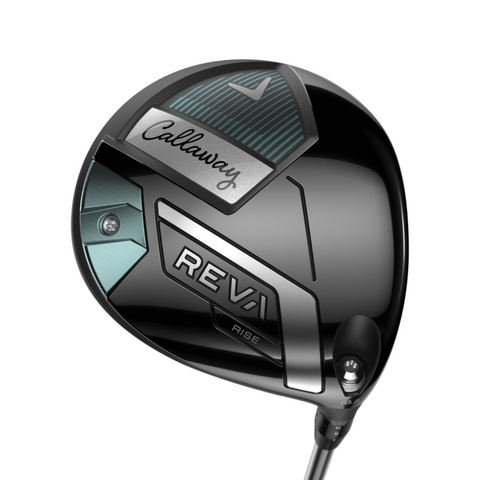 Close-up of the Callaway 2025 REVA Rise Women's Driver head, showing its sleek black and silver design with teal accents and bold branding.