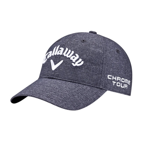 A gray textured Callaway baseball cap with the Callaway logo on the front and CHROME TOUR embroidered on the side.