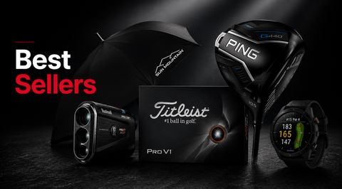 Best Sellers collection banner featuring premium golf equipment including a PING G440 driver, Garmin Approach S70 GPS watch, Bushnell Tour V7 rangefinder, Sun Mountain golf umbrella and golf tees on a dark background.