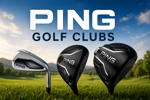 PING Golf Clubs collection banner featuring a PING G440 driver, fairway wood and iron on a golf course, showcasing the latest PING golf clubs available at Golf 360.