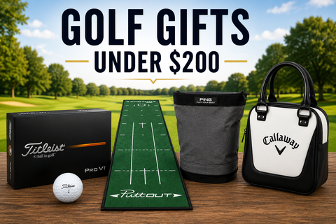 Golf Gifts Under $200 collection banner featuring Titleist Pro V1 golf balls, a PuttOUT putting mat, a PING range bag, and a Callaway accessory bag displayed on a golf course, showcasing premium golf gift ideas under $200.