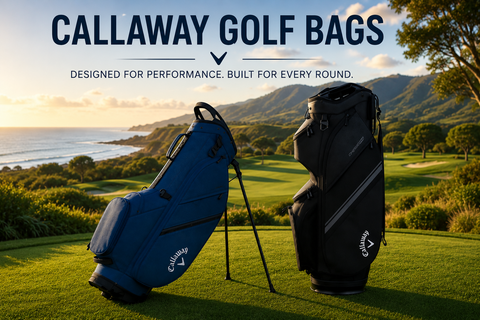 Callaway Golf Bags collection banner featuring a Callaway stand bag and Callaway cart bag displayed on a scenic coastal golf course, highlighting lightweight design, practical storage, and premium on-course performance.