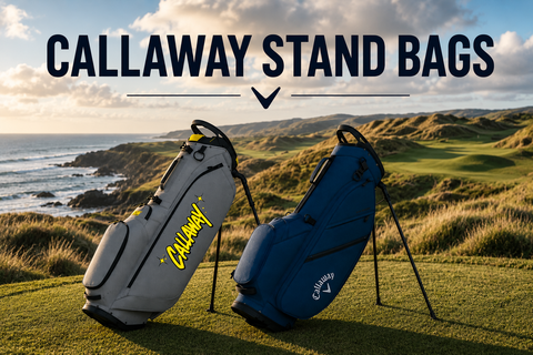 Callaway Stand Bags collection banner featuring two Callaway stand bags on a rugged coastal links golf course, highlighting lightweight carry design, integrated stand legs, and practical storage for golfers who enjoy walking the course.