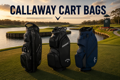 Callaway Cart Bags collection banner featuring three Callaway cart bags displayed beside an island green inspired by a championship golf course, highlighting spacious storage, organised club dividers, and premium design for trundler and cart users.