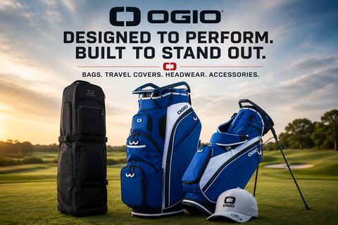 OGIO collection banner featuring an OGIO travel cover, cart bag, stand bag, and golf cap displayed on a golf course, highlighting premium golf bags, travel gear, and accessories with bold modern styling.