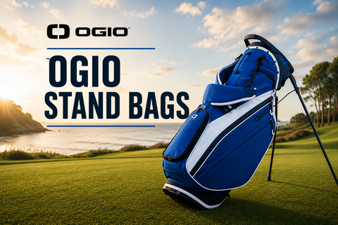 OGIO Stand Bags collection banner featuring a blue OGIO stand bag on a scenic coastal golf course, showcasing lightweight carry performance, integrated stand legs, and practical storage for golfers who prefer to walk the course.