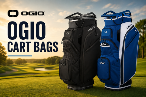 OGIO Cart Bags collection banner featuring black and blue OGIO cart bags displayed on a scenic golf course, showcasing spacious storage, premium organisation, and modern design for golfers using trundlers or riding carts.