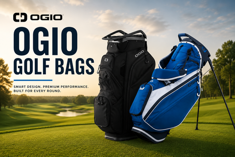 OGIO Golf Bags collection banner featuring a black OGIO cart bag and a blue OGIO stand bag displayed on a scenic golf course, highlighting premium storage, modern styling, and versatile performance for golfers.