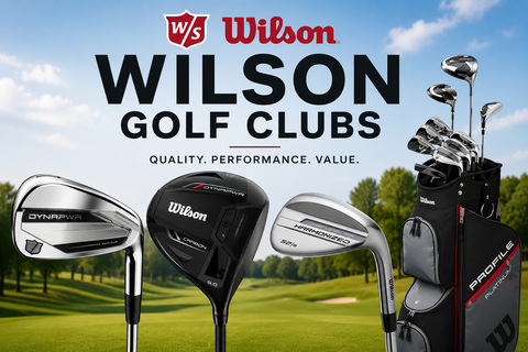 Wilson Golf Clubs collection banner featuring a Wilson Dynapwr iron, driver, wedge, and package set on a scenic golf course, highlighting quality golf equipment and outstanding value for golfers of all skill levels.