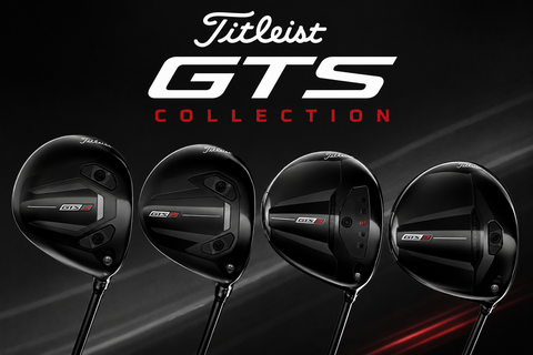Titleist GTS collection featuring GTS2 and GTS3 drivers and fairway woods with the title “Titleist GTS Collection”, showcasing premium metalwoods designed for speed, forgiveness, adjustability, and performance.