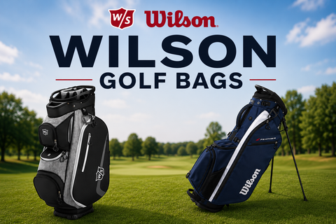 Wilson Golf Bags collection banner featuring a Wilson cart bag and Wilson stand bag displayed on a scenic golf course, highlighting practical storage, lightweight design, and dependable performance for golfers of all abilities.