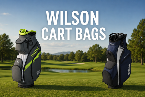 Wilson cart bags displayed on a manicured golf course with the title “Wilson Cart Bags”, showcasing spacious storage, organised club dividers, and modern styling for golfers using carts or trundlers.