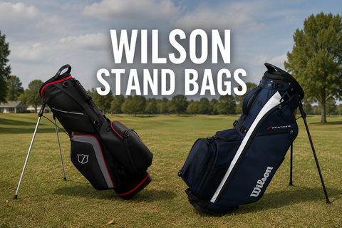 Wilson stand bags displayed on a public-style golf course with the title “Wilson Stand Bags”, showcasing lightweight designs, built-in stands, and practical storage for golfers who prefer to carry or use a trundler.