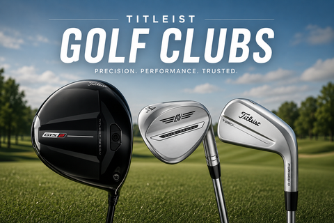 Titleist golf clubs including a GTS2 driver, Vokey wedge, and forged iron displayed on a golf course with the title “Titleist Golf Clubs”, showcasing premium performance and precision across the bag.