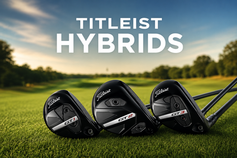 Titleist GT hybrid golf clubs displayed on a lush fairway with the title “Titleist Hybrids”, showcasing the latest Titleist hybrid range for golfers seeking forgiveness, versatility, and long-game performance.