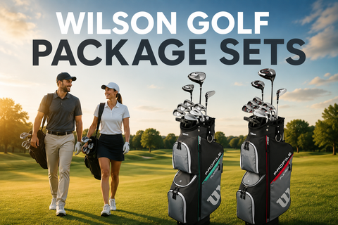 Wilson Golf Package Sets collection banner featuring men’s and women’s Wilson complete golf sets on a picturesque golf course with golfers walking in the background, highlighting all-in-one club packages for players of all skill levels.