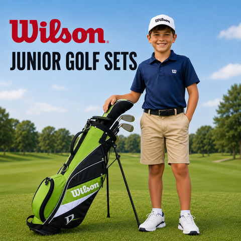 Wilson Junior Golf Sets hero image featuring a smiling young golfer standing beside a green Wilson junior package set on a golf course with bold “Wilson Junior Golf Sets” text.
