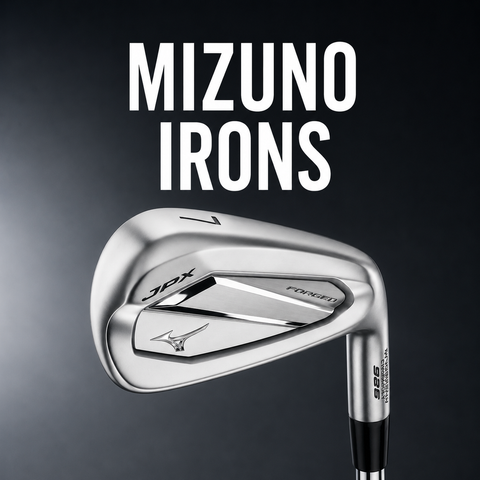 Mizuno Irons collection hero image featuring a Mizuno 7-iron with bold “Mizuno Irons” title on a clean dark background, highlighting premium craftsmanship and precision performance.