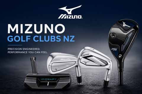 Mizuno golf clubs including a putter, forged irons and hybrid displayed together with the title “Mizuno Golf Clubs NZ”, showcasing premium Mizuno equipment available at Golf 360.