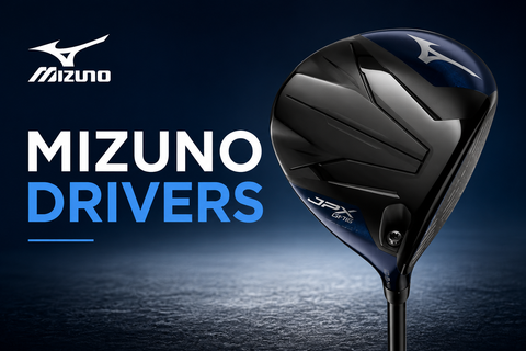 Mizuno golf driver with the title “Mizuno Drivers” displayed on a dark blue background, showcasing premium Mizuno driver technology available at Golf 360 New Zealand.