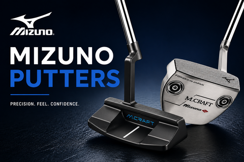 Two Mizuno putters displayed with the title “Mizuno Putters”, featuring a black mallet putter and a silver blade putter, showcasing premium Mizuno putting equipment available at Golf 360 New Zealand.