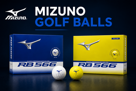 Mizuno Golf Balls collection banner featuring white and yellow RB566 golf ball boxes with matching golf balls and the title “Mizuno Golf Balls” on a dark blue background.